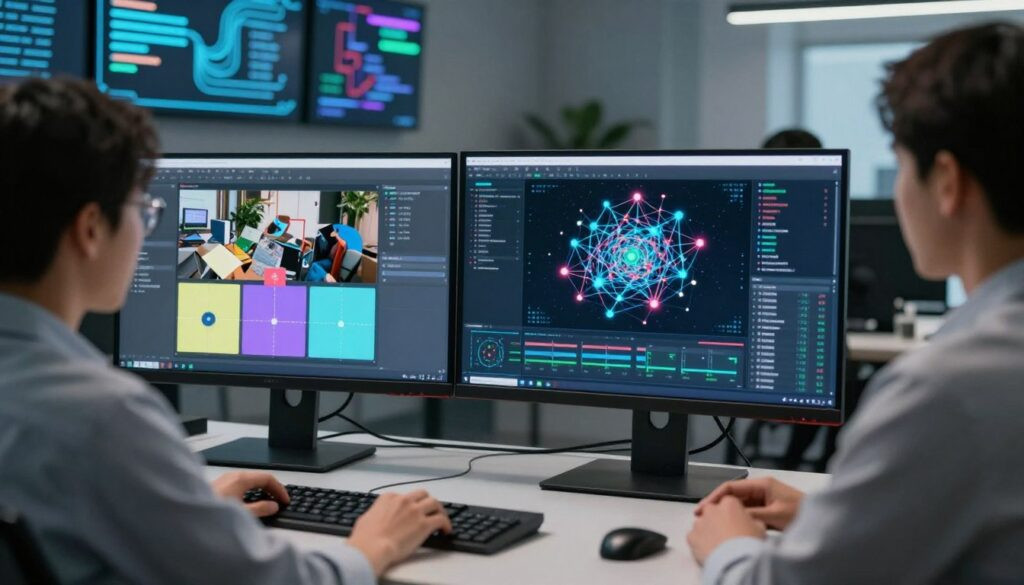 A high-tech workspace featuring a sleek computer setup focused on machine learning and computer vision. In the foreground, a person in professional attire is intently analyzing data visualizations on a large monitor, showcasing vibrant graphs and neural network patterns. The middle ground reveals a second monitor displaying real-time image recognition processes with colorful overlays indicating object detection. The background includes futuristic elements like wall-mounted screens with flowing algorithms and AI-related graphics. Soft, ambient lighting illuminates the room, creating a focused and innovative atmosphere. The composition should emphasize clarity and technological sophistication, portraying the essence of AI and computer vision seamlessly integrated in a modern consulting environment. A high-tech workspace featuring a sleek computer setup focused on machine learning and computer vision. In the foreground, a person in professional attire is intently analyzing data visualizations on a large monitor, showcasing vibrant graphs and neural network patterns. The middle ground reveals a second monitor displaying real-time image recognition processes with colorful overlays indicating object detection. The background includes futuristic elements like wall-mounted screens with flowing algorithms and AI-related graphics. Soft, ambient lighting illuminates the room, creating a focused and innovative atmosphere. The composition should emphasize clarity and technological sophistication, portraying the essence of AI and computer vision seamlessly integrated in a modern consulting environment.