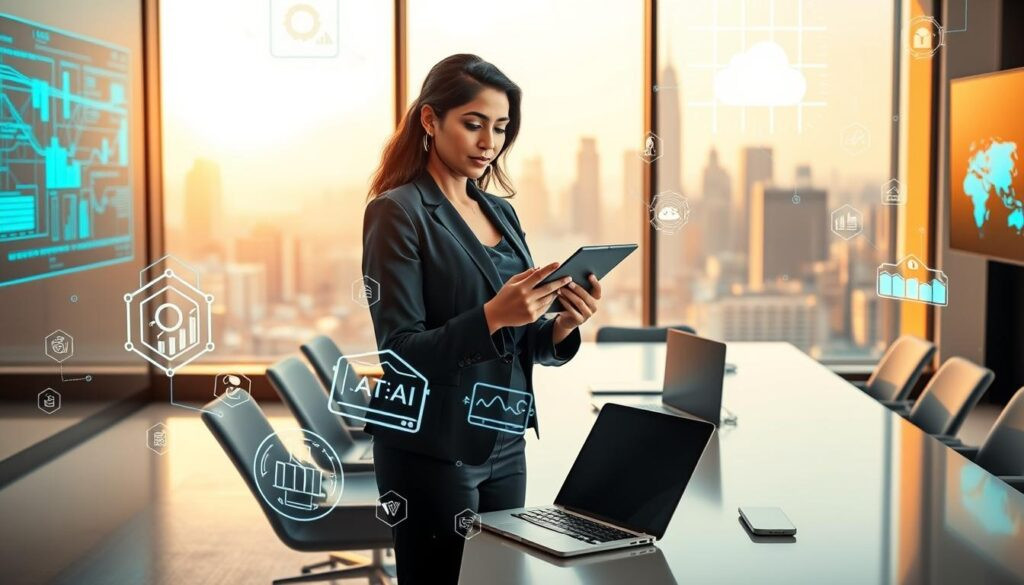 A modern AI implementation specialist stands confidently in a professional office setting, surrounded by futuristic digital interfaces and data visualization screens. The specialist, a South Asian woman in professional business attire, is engaged in analyzing complex algorithms on a tablet, showcasing her expertise. In the foreground, various icons related to AI technology—like neural networks, data analytics, and cloud computing—float in a visually appealing manner. The middle ground features a sleek conference table with advanced laptops and smart devices, while the background reveals a large window displaying a city skyline, bathed in warm, natural light. The overall mood conveys innovation, professionalism, and a forward-thinking atmosphere, capturing the essence of the AI implementation specialist's role without any text or distractions.