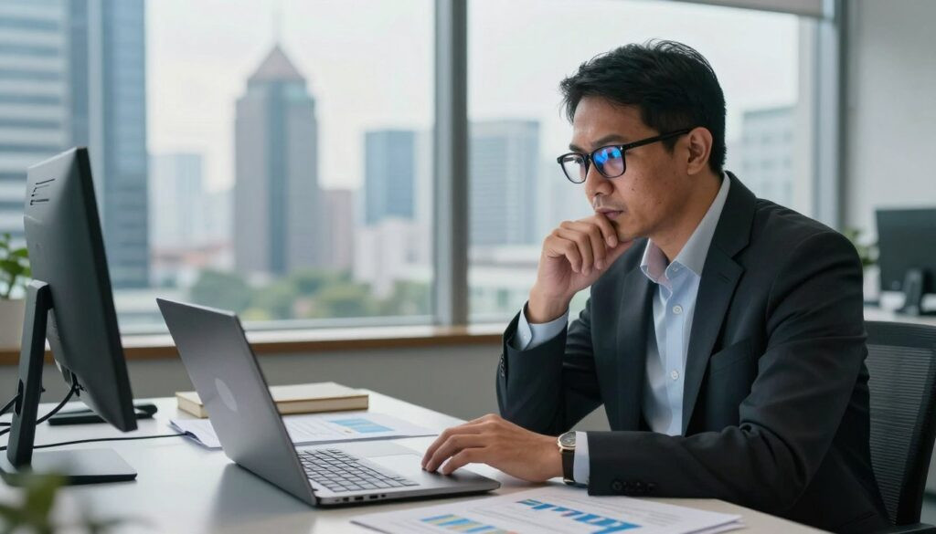 A modern Indonesian AI researcher in professional business attire, engaged in deep thought while examining data on a laptop surrounded by research materials. The foreground features the researcher, a middle-aged individual of Southeast Asian descent, with focused expression, glasses reflecting the light from the screen. In the middle ground, a sleek desk filled with charts, graphs, and AI-related books indicates an advanced research environment. The background includes a large window showing a futuristic city skyline under soft, natural daylight filtering through. The atmosphere is intellectually stimulating and professional, suggesting innovation and collaboration in artificial intelligence, with a slight lens flare enhancing the contemporary setting.