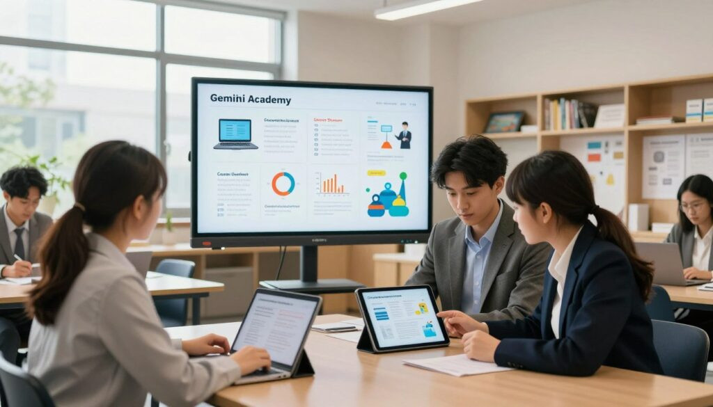 A modern, bright classroom environment at Gemini Academy featuring diverse students engaged in hands-on learning modules. In the foreground, two students, one male and one female, collaborate over a digital tablet displaying curriculum content, dressed in professional business attire. In the middle ground, a large interactive whiteboard illustrates various curriculum topics, such as technology, business, and science, with colorful infographics showcasing statistics about career success. The background showcases shelves filled with educational resources and a large window providing natural light that creates a warm, inviting atmosphere. The entire scene is rendered in 4K resolution with dynamic lighting, evoking a sense of engagement and potential for career growth.