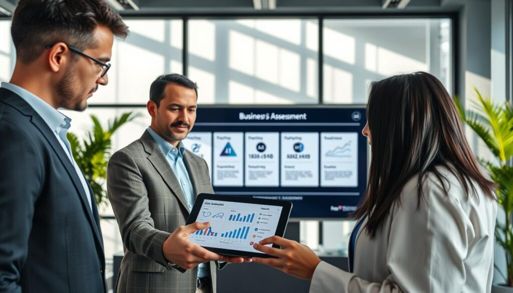 A modern business office environment showcasing a business readiness assessment. In the foreground, a diverse group of three professionals, two men and one woman, are engaged in a discussion over a digital tablet displaying data analytics and strategy charts. They are dressed in professional business attire, exuding confidence and collaboration. In the middle ground, a large screen displays infographics illustrating AI integration steps, with clear icons representing readiness metrics and assessment areas. The background features large windows with natural light pouring in, casting soft shadows, and plants, adding a refreshing touch to the space. The atmosphere is focused and innovative, suggesting a transformative journey towards AI integration in business. A modern business office environment showcasing a business readiness assessment. In the foreground, a diverse group of three professionals, two men and one woman, are engaged in a discussion over a digital tablet displaying data analytics and strategy charts. They are dressed in professional business attire, exuding confidence and collaboration. In the middle ground, a large screen displays infographics illustrating AI integration steps, with clear icons representing readiness metrics and assessment areas. The background features large windows with natural light pouring in, casting soft shadows, and plants, adding a refreshing touch to the space. The atmosphere is focused and innovative, suggesting a transformative journey towards AI integration in business.