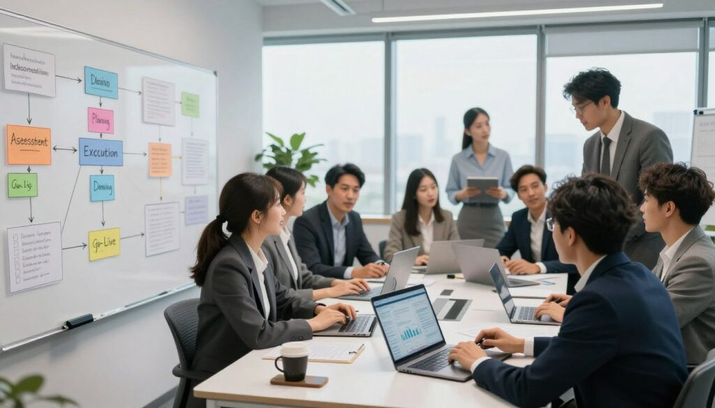 A modern office environment bustling with activity, showcasing a diverse group of professionals in business attire engaged in a collaborative project meeting. In the foreground, a whiteboard covered in colorful diagrams and flowcharts illustrates the steps of a data system project implementation, including phases like assessment, planning, execution, and go-live. The middle ground features a large conference table where team members discuss strategies, with laptops open and digital devices displaying analytics dashboards. In the background, large windows allow soft natural light to stream in, contributing to a bright, focused atmosphere. The overall mood is energetic and innovative, capturing the essence of AI consulting and technology integration. A modern office environment bustling with activity, showcasing a diverse group of professionals in business attire engaged in a collaborative project meeting. In the foreground, a whiteboard covered in colorful diagrams and flowcharts illustrates the steps of a data system project implementation, including phases like assessment, planning, execution, and go-live. The middle ground features a large conference table where team members discuss strategies, with laptops open and digital devices displaying analytics dashboards. In the background, large windows allow soft natural light to stream in, contributing to a bright, focused atmosphere. The overall mood is energetic and innovative, capturing the essence of AI consulting and technology integration.
