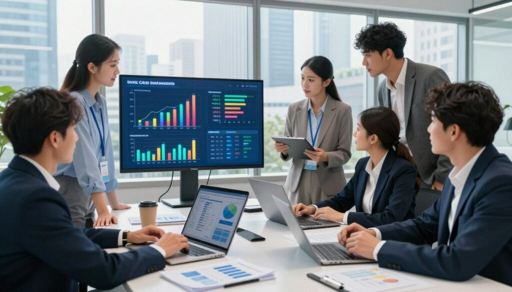 A modern office environment portraying cost savings and operational efficiency in a B2B setting. In the foreground, a diverse group of professionals in business attire are engaged in a collaborative discussion around a sleek table filled with digital devices and reports. In the middle, a digital dashboard displays graphs and charts illustrating cost reductions and improved efficiency metrics, highlighted by bright colors for emphasis. In the background, large windows reveal a bustling cityscape, symbolizing growth and opportunity. The lighting is bright and natural, enhancing the energetic atmosphere. The angle captures both the participants' expressions of determination and the high-tech details of the workspace, creating an inspiring mood focused on innovation and success.