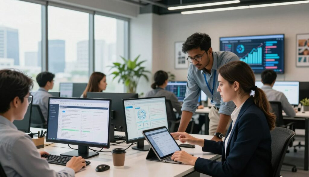 A modern office environment showcasing a diverse group of professionals collaborating around a sleek table filled with digital devices displaying workflow automation tools. In the foreground, a Caucasian woman in professional attire points at a tablet, while a South Asian man leans in, analyzing a dynamic infographic projected on a large screen. The middle ground features large windows with natural light pouring in, illuminating the workspace. In the background, modern decor includes plants and motivational art. The overall atmosphere is one of innovation and teamwork, with a slight view of the Jakarta skyline outside the windows. The image captures a sense of focus and inspiration, emphasizing the fundamentals of workflow automation in a high-tech setting. 4K resolution, dynamic lighting.