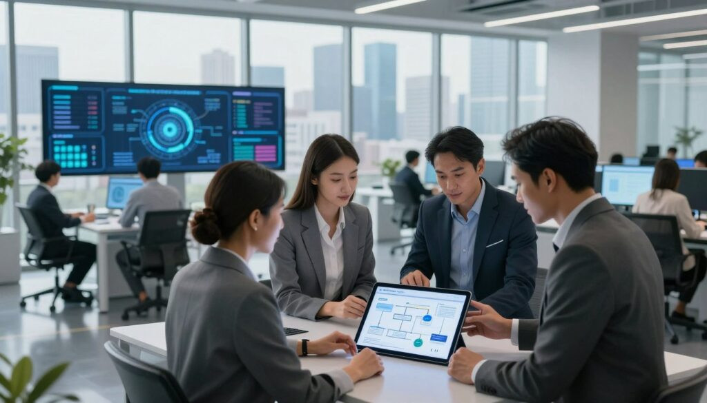A modern office environment showcasing a seamless integration of AI agents into business workflows. In the foreground, a diverse group of professionals, dressed in business attire, collaborate over a digital tablet displaying a workflow diagram. The middle ground features a sleek, futuristic workspace with large screens displaying data analytics and AI interfaces. In the background, a panoramic view of the city skyline is visible through large windows, suggesting a vibrant business atmosphere. Soft, natural lighting from the windows highlights the professionalism of the scene, creating an optimistic mood. The image is captured from a slightly elevated angle to emphasize the collaboration, providing depth while keeping the focus on the integration of AI technology. 4k resolution, highly realistic, capturing the essence of innovation in a business context.