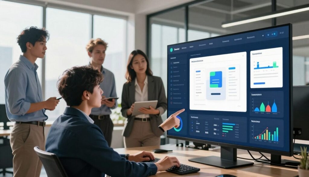 A modern office environment showcasing a workflow automation platform comparison. In the foreground, a sleek, interactive dashboard displays various platform icons and performance metrics, highlighted with infographics and statistics. In the middle ground, a diverse group of professionals in business attire engage in a discussion, pointing at the dashboard and sharing insights. The background features large windows letting in dynamic, natural lighting that casts soft shadows across the room. The atmosphere is collaborative and innovative, emphasizing productivity and technology. The image is rendered in 4K quality to capture details, with a focus on creating a vibrant and inviting workspace that embodies the essence of workflow automation tools.
