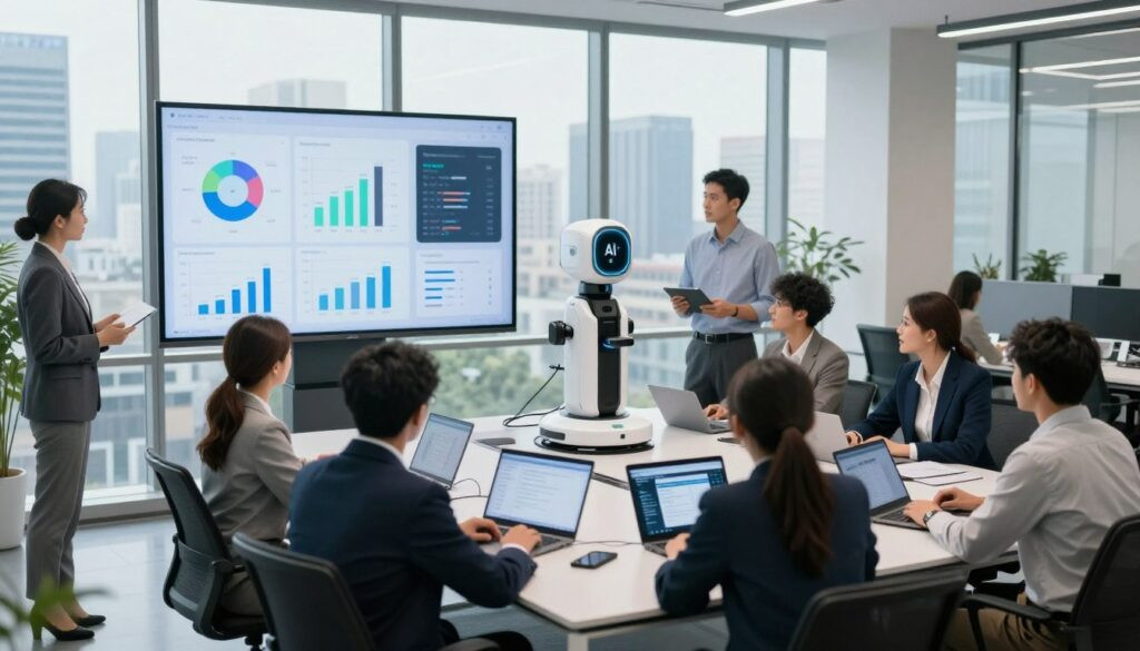 A modern office environment showcasing automation technology for teams. In the foreground, a diverse group of professionals in business attire is engaged in a collaborative brainstorming session around a sleek conference table with digital devices. The middle layer features a large screen displaying dynamic graphs and charts representing AI efficiency and productivity metrics. In the background, floor-to-ceiling windows reveal an urban skyline under bright, natural lighting that enhances a crisp, innovative atmosphere. The ambiance is energetic yet focused, highlighting the importance of AI agents and automation in contemporary business practices. Capture this scene from a slightly elevated angle to emphasize teamwork and technology integration, fostering a sense of forward-thinking progress.