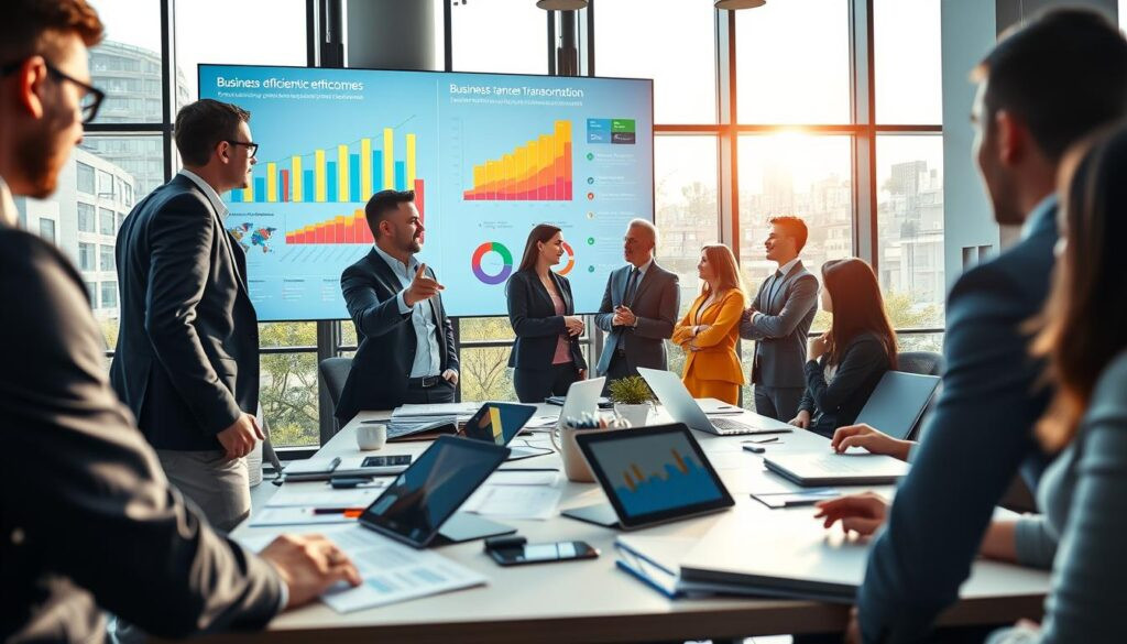 A modern office environment with a diverse group of professionals engaged in a collaborative discussion around a large digital screen displaying colorful infographics that represent business transformation outcomes. In the foreground, show two individuals in professional business attire, one pointing at a graph that illustrates increased efficiency, while the other nods in agreement. The middle ground features a meeting table cluttered with tablets and laptops, showcasing data analysis and strategic planning documents. The background includes large windows flooding the space with natural light, creating a vibrant and optimistic atmosphere. Use a wide-angle lens to capture the hustle of a dynamic workspace, emphasizing teamwork and innovation, all while maintaining a bright, professional ambiance focused on transformation. A modern office environment with a diverse group of professionals engaged in a collaborative discussion around a large digital screen displaying colorful infographics that represent business transformation outcomes. In the foreground, show two individuals in professional business attire, one pointing at a graph that illustrates increased efficiency, while the other nods in agreement. The middle ground features a meeting table cluttered with tablets and laptops, showcasing data analysis and strategic planning documents. The background includes large windows flooding the space with natural light, creating a vibrant and optimistic atmosphere. Use a wide-angle lens to capture the hustle of a dynamic workspace, emphasizing teamwork and innovation, all while maintaining a bright, professional ambiance focused on transformation.