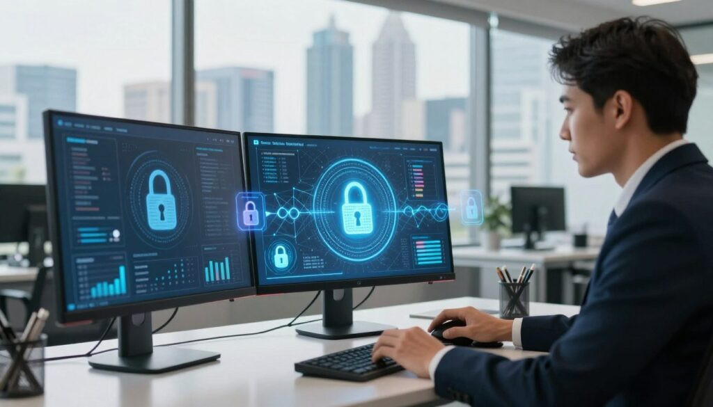 A modern office scene focused on data security, showcasing a professional businessperson at a sleek desk with dual computer screens displaying intricate graphs and digital locks symbolizing data protection. In the foreground, the individual, dressed in smart business attire, is intently analyzing data, with a soft glow from the screens illuminating their face. The middle ground features futuristic holographic representations of secure data flow and AI icons, surrounded by a digital network backdrop. In the background, a large window reveals a panoramic view of Surabaya’s skyline, underpinned by a bright, optimistic daylight filtering through. The atmosphere conveys a sense of trust and innovation, highlighting the importance of data privacy and AI policies within a corporate environment. A modern office scene focused on data security, showcasing a professional businessperson at a sleek desk with dual computer screens displaying intricate graphs and digital locks symbolizing data protection. In the foreground, the individual, dressed in smart business attire, is intently analyzing data, with a soft glow from the screens illuminating their face. The middle ground features futuristic holographic representations of secure data flow and AI icons, surrounded by a digital network backdrop. In the background, a large window reveals a panoramic view of Surabaya’s skyline, underpinned by a bright, optimistic daylight filtering through. The atmosphere conveys a sense of trust and innovation, highlighting the importance of data privacy and AI policies within a corporate environment.