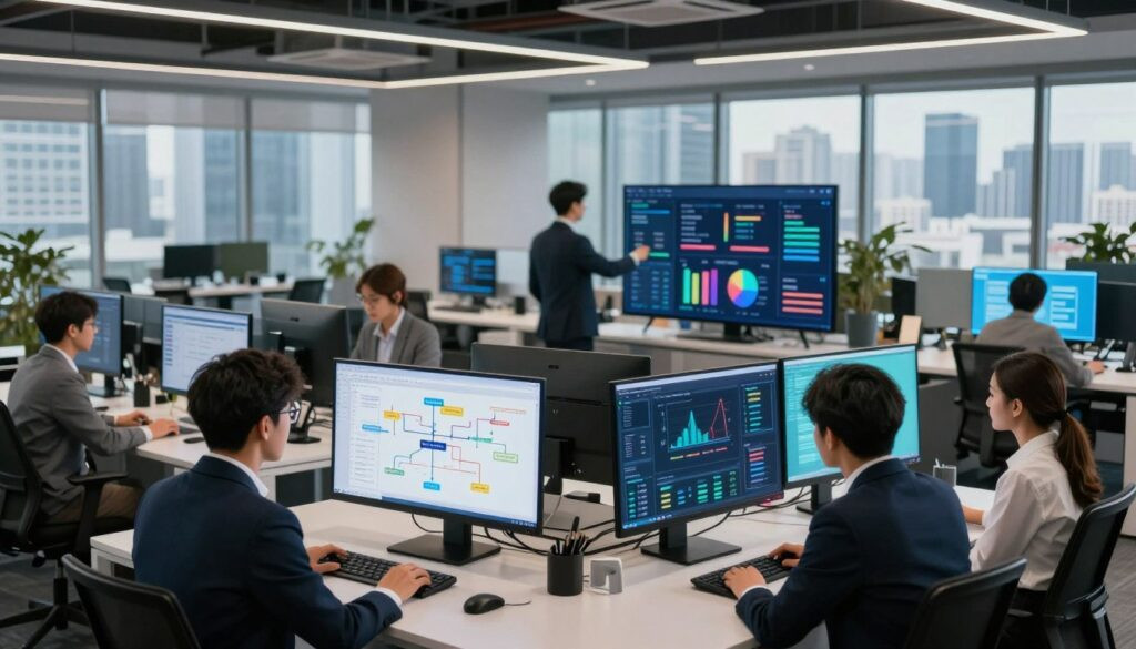 A modern office setting showcasing the implementation of AI workflow automation. In the foreground, a diverse group of professionals in business attire collaborates around a sleek digital workstation displaying intricate flowcharts and data analytics. The middle section features interactive screens and smart devices highlighting automated processes, with colorful infographics illustrating statistics and efficiency gains. The background captures a stylish, open-plan office bathed in soft, dynamic lighting that creates a vibrant atmosphere. Large windows reveal a skyline of Jakarta, symbolizing innovation and growth. The overall mood conveys a sense of collaboration, professionalism, and technological advancement, with a focus on streamlining business processes. 4K resolution, high detail.