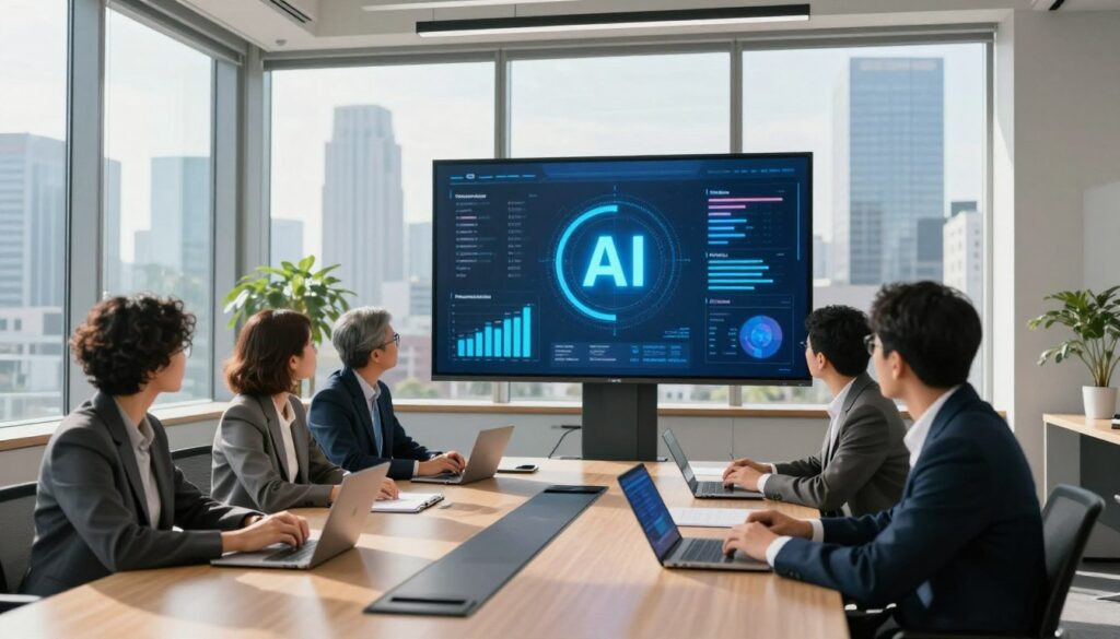 A modern office space with a large conference table in the foreground, where a diverse group of professionals in business attire are engaged in a strategic discussion about AI solutions. In the middle ground, a large digital screen displays visual graphs and data related to AI implementation strategies, emitting a soft blue glow. The background features a sleek urban skyline visible through floor-to-ceiling windows, with natural sunlight streaming in, creating a bright and optimistic atmosphere. The room is equipped with modern technology, including laptops and smart devices. The overall mood is one of collaboration, innovation, and forward-thinking, emphasizing expert strategies for integrating AI into business operations. High resolution, 4k quality, realistic details.