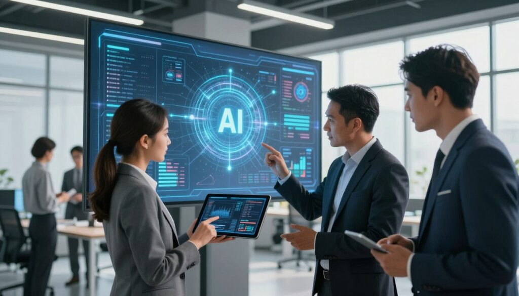 A modern, sleek digital interface showcasing the integration of AI systems with existing technology. In the foreground, a diverse group of professionals in business attire, including a woman in a tailored blazer and a man in a smart suit, collaboratively discussing a digital tablet displaying complex data streams and graphs. The middle ground features a large interactive touchscreen with glowing analytics and diagrams, symbolizing AI and automation connections. The background reveals a high-tech office environment with large windows, allowing natural light to illuminate the scene, enhancing a feeling of innovation and collaboration. The atmosphere is dynamic and forward-thinking, capturing the essence of seamless system integration.