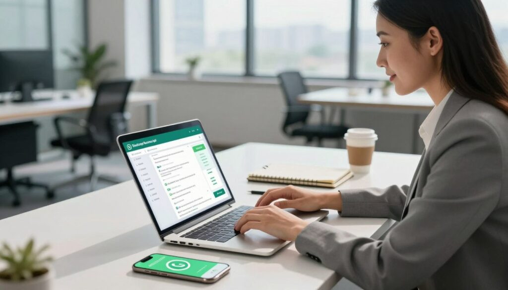 A modern, sleek workspace featuring a professional woman wearing business attire, actively using a laptop to interact with customers via WhatsApp Business API. In the foreground, detailed elements include the glowing laptop screen showing messages and analytics. The middle layer includes a tidy desk with a smartphone displaying WhatsApp, a notepad, and a coffee cup, symbolizing productivity. The background showcases a contemporary office with large windows allowing natural light to pour in, creating a bright and positive atmosphere. Soft shadows enhance the dynamic lighting, emphasizing the woman’s focused expression. The scene conveys innovation, efficiency, and seamless communication, perfect for illustrating customer service enhancement through technology. 4k resolution, no text or overlays.