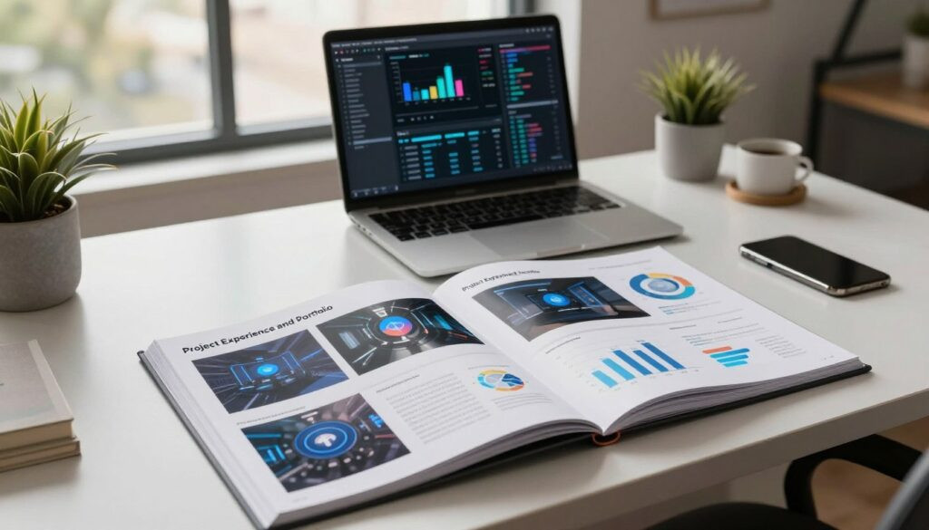 A modern workspace scene showcasing a professional portfolio titled A modern workspace scene showcasing a professional portfolio titled