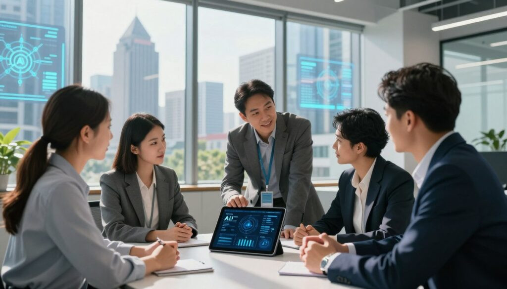 A professional business consultant presenting innovative AI solutions in a sleek modern office environment. The foreground features a diverse team of three individuals, dressed in smart business attire, engaged in a discussion around a digital tablet displaying AI data visualizations. In the middle ground, a large window showcases a futuristic city skyline, hinting at BSD City, with high-tech architecture and greenery. The background includes abstract LED displays representing data analytics and AI algorithms, casting a soft blue glow. The lighting is bright and welcoming, with natural sunlight illuminating the scene. The mood is focused and optimistic, conveying a sense of collaboration and forward-thinking in AI implementation.