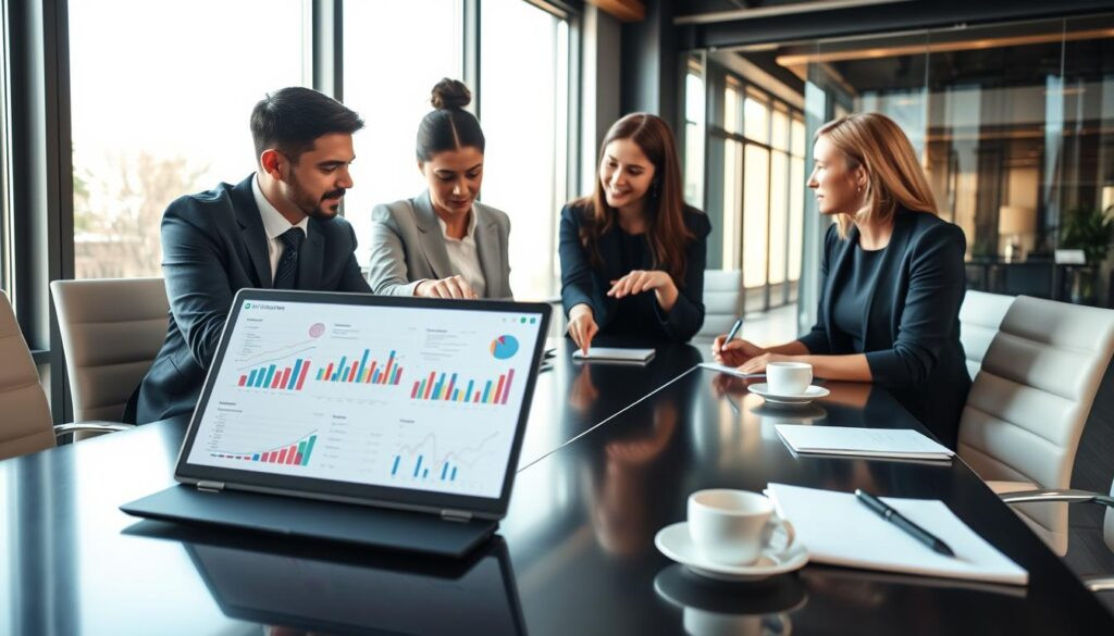A professional business consultation scene depicting a diverse group of four individuals seated around a sleek conference table, engaged in deep analysis. The foreground features a detailed laptop screen displaying colorful graphs and data charts, with coffee cups and notepads scattered around. In the middle, the diverse consultants, dressed in business attire—two men in suits and two women in smart dresses—are animatedly discussing strategies, pointing at the laptop. The background showcases a modern office space with large windows letting in natural light, casting a warm glow. The mood is collaborative and insightful, emphasizing focus and professionalism, captured from a slightly elevated angle to reveal the dynamics of the discussion and the intricate details of the workspace.