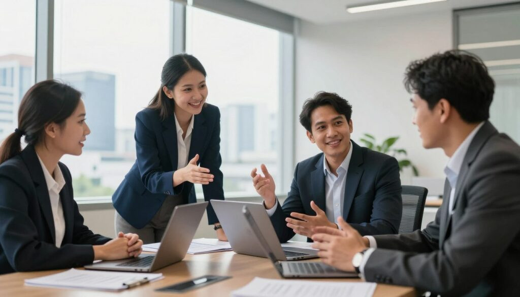 A professional business meeting scene set in a modern office environment in Surabaya, featuring a diverse group of three adults, two men and one woman, engaged in a lively discussion. The foreground should show a large table with laptops and documents related to AI consulting, while the middle ground includes a large window with natural light pouring in, illuminating the room. In the background, cityscape views of Surabaya can be seen, symbolizing growth and innovation. The mood is collaborative and optimistic, with an emphasis on teamwork. All individuals are dressed in smart business attire, reflecting professionalism. The image captures a dynamic atmosphere with soft, diffused lighting to ensure warmth and approachability, shot from a slightly elevated angle to create a sense of inclusion.