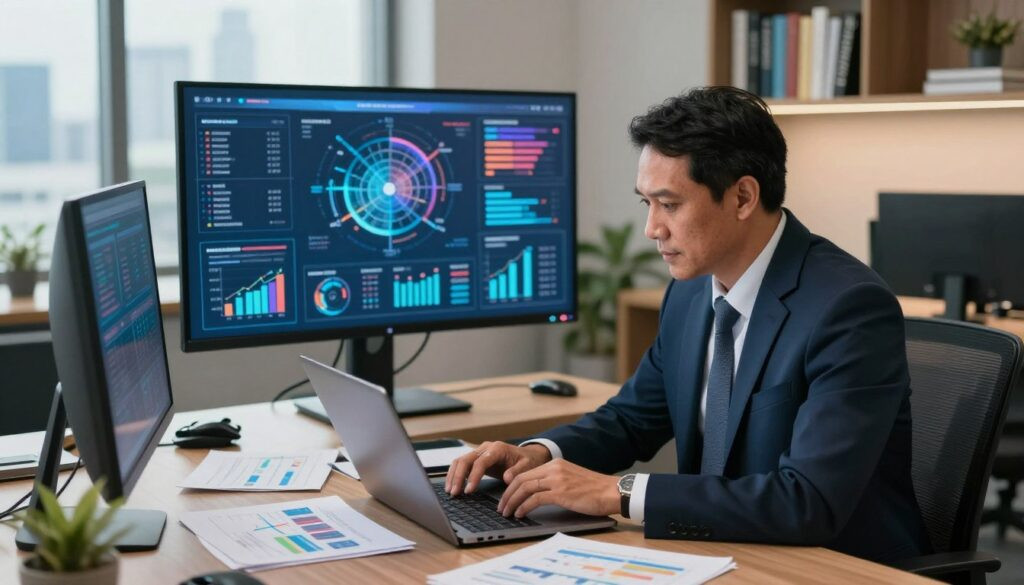 A professional consultant working on data analysis in a modern office environment. In the foreground, a middle-aged Indonesian man in a crisp business suit is focused on his laptop, surrounded by papers and charts that display data trends and analytics. The middle layer features a large digital screen showcasing colorful infographics and AI models, reflecting sophisticated data strategies. In the background, there are shelves filled with books on AI and business, and a window with a city skyline view, indicating a bustling urban setting. Soft, warm lighting illuminates the scene, creating a productive and inspiring atmosphere. The angle captures a slight aerial view which emphasizes the consultant’s engagement with his work and the high-tech elements surrounding him. A professional consultant working on data analysis in a modern office environment. In the foreground, a middle-aged Indonesian man in a crisp business suit is focused on his laptop, surrounded by papers and charts that display data trends and analytics. The middle layer features a large digital screen showcasing colorful infographics and AI models, reflecting sophisticated data strategies. In the background, there are shelves filled with books on AI and business, and a window with a city skyline view, indicating a bustling urban setting. Soft, warm lighting illuminates the scene, creating a productive and inspiring atmosphere. The angle captures a slight aerial view which emphasizes the consultant’s engagement with his work and the high-tech elements surrounding him.