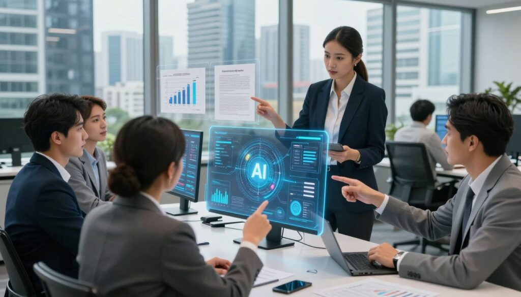 A professional-looking AI consultant working at a sleek, modern office desk, surrounded by holographic interfaces displaying visual data and project plans. In the foreground, a diverse group of professionals in business attire engages in a collaborative discussion, pointing toward the holograms, illustrating transparency and communication in AI project management. The middle ground features a clear display of charts and contracts, with digital representations of AI agents in action. In the background, there are large windows showing a bustling Jakarta cityscape, illuminated by soft, natural light filtering in. The atmosphere is focused and dynamic, reflecting innovation and professionalism. The angle is slightly elevated, capturing both the interaction and the technological elements effectively.