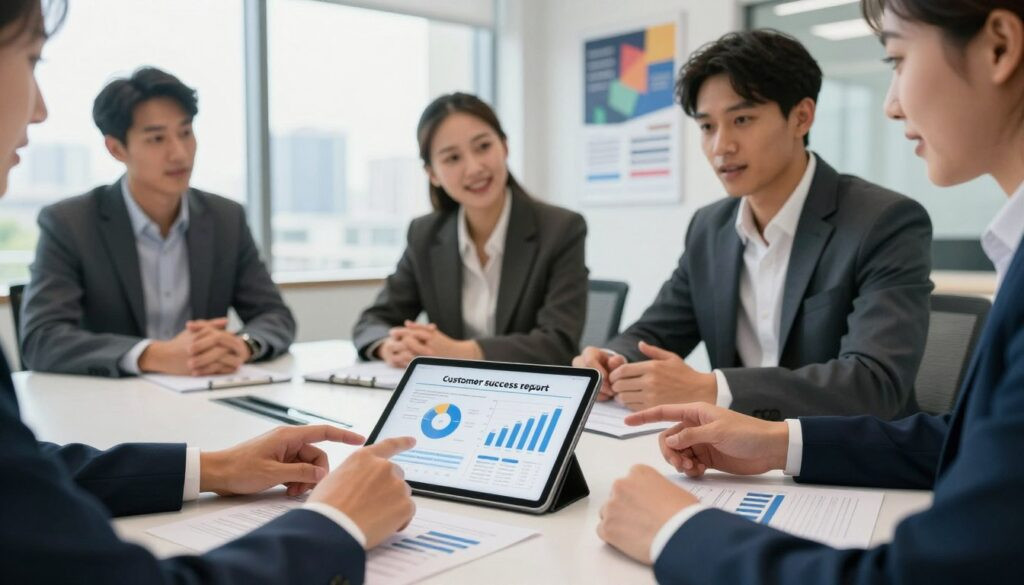A professional office setting showcasing a diverse team of business people collaborating over a 