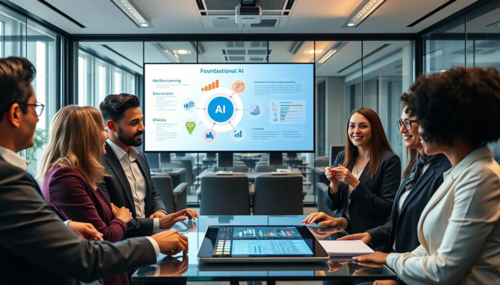 A professional seminar room filled with diverse individuals engaged in a collaborative discussion about AI. In the foreground, a group of four people, dressed in smart business attire, are actively sharing ideas around a transparent table with a digital tablet displaying AI data visuals. The middle ground features a large screen displaying an infographic illustrating foundational AI concepts such as machine learning, data analytics, and ethical considerations. In the background, a modern office environment with glass walls and natural light pouring in creates an open and inviting atmosphere. The overall mood is one of innovation, teamwork, and eagerness to learn about AI technology. The lighting is bright and warm, emphasizing a professional and positive ambiance.