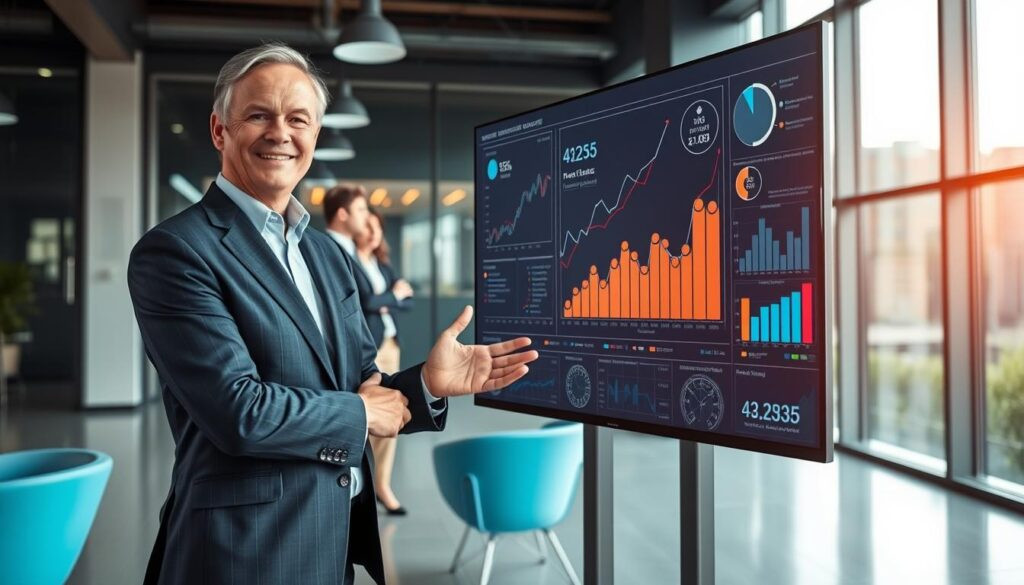 A professional setting features a knowledgeable AI expert, Dee Ferdinand, standing confidently next to a sleek digital screen displaying intricate data visualizations and growth charts related to business strategies. The foreground captures Dee, a middle-aged individual in smart business attire, gesturing towards the graphs with a warm, inviting smile, embodying expertise and approachability. In the middle background, colleagues in professional attire engage in discussion, highlighting collaboration and support. The room is well-lit with a modern, open design, large windows allowing natural light to flood in, creating a bright and optimistic atmosphere. The angle captures both Dee and the digital screen prominently, emphasizing the fusion of human insight and AI technology, set against a dynamic backdrop of a contemporary office. The mood is inspiring and innovation-driven, portraying the transformative power of AI in business growth.