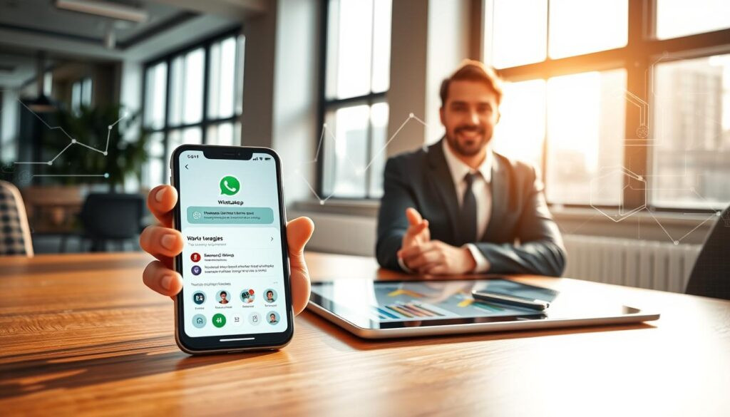 A professional setting focused on a modern office environment, featuring a sleek desk with a smartphone displaying a WhatsApp interface for business consultations. In the foreground, a confident business expert in smart attire gestures towards the phone, exuding approachability and expertise. In the middle ground, a digital tablet shows graphs and data analytics, symbolizing AI-driven business growth strategies. The background includes abstract digital elements representing AI technology, such as circuits and data streams, creating a high-tech atmosphere. Soft, natural lighting filters through large windows, casting gentle shadows, while a warm color palette enhances a sense of motivation and readiness for the future. The overall mood is inspiring, encouraging businesses to take the next step in their AI journey.
