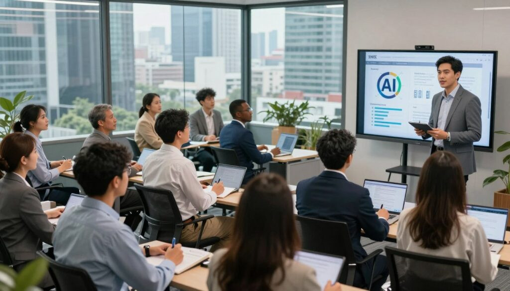 A professional, tailored training session in a modern office space, showcasing a diverse group of business professionals engaged in learning about AI technology. In the foreground, a confident instructor, dressed in business attire, is standing next to a digital screen displaying infographics with AI statistics. The middle ground features attentive participants—men and women of various ethnic backgrounds, also in professional attire—taking notes and discussing amongst themselves. The background contains glass windows revealing a bustling cityscape of Indonesia. Soft, dynamic lighting highlights the vibrant atmosphere, emphasizing collaboration and innovation. Capture this scene from a slightly elevated angle to create depth, evoking a sense of empowerment and focus on AI adoption for SMEs.