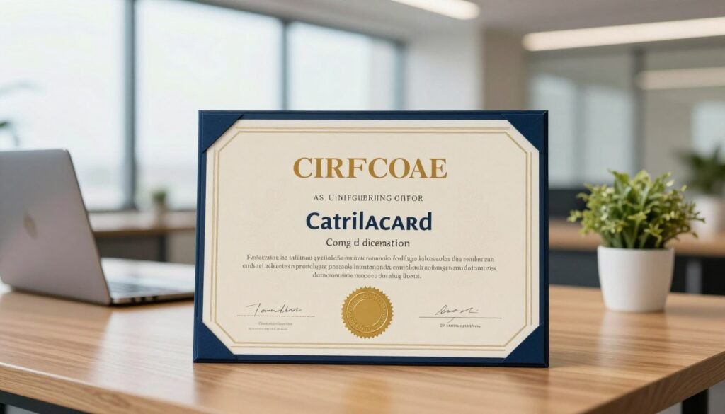 A professional, visually appealing official certificate displayed prominently in the foreground on a wooden table. The certificate features elegant borders and a prominent seal, emphasizing its authenticity. In the middle ground, subtle hints of a modern office setting, such as a laptop and potted plants, add context without distracting from the certificate. The background showcases a softly blurred view of a bright, well-lit office space with large windows letting in natural light, conveying a sense of professionalism and progress. The overall mood is one of achievement and recognition, highlighting the importance of official certification in the modern business landscape. The lighting is warm and inviting, enhancing the feeling of accomplishment and success.