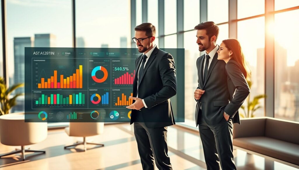 A sleek and modern data analytics growth platform visualized as an interactive dashboard, showcasing vibrant graphs, pie charts, and dynamic data visualizations in a high-tech office setting. In the foreground, a diverse group of professionals—two men and one woman, dressed in smart business attire—are engaging with the digital interface, their expressions reflecting intrigue and collaboration. The middle ground features modern office furniture and large windows with a city skyline in the background, bathed in natural light to enhance the atmosphere of innovation and productivity. The overall mood is optimistic and forward-looking, emphasizing the transformative potential of business intelligence and AI. The image is captured with a wide-angle lens, providing a comprehensive view of the workspace.