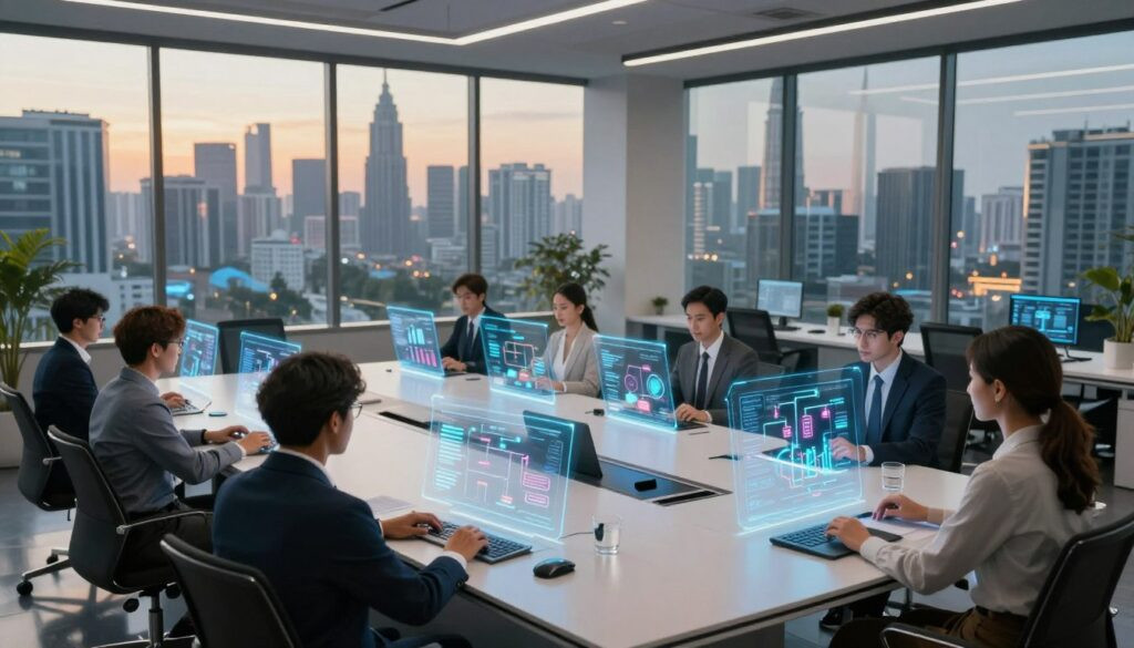 A sleek and modern office space showcasing AI workflow automation. In the foreground, a diverse team of professionals in business attire engages with holographic interfaces displaying dynamic flowcharts and infographics representing streamlined business processes. The middle ground features a high-tech conference table with digital devices, while the background reveals a large panoramic window showcasing the Jakarta skyline bathed in warm, dynamic lighting. Soft reflections on glass surfaces enhance the futuristic atmosphere. The mood is focused and collaborative, emphasizing innovation and efficiency in a vibrant workspace. Capture the scene in high resolution (4K), with a wide-angle perspective to convey the expansive nature of automation technology transforming business operations.