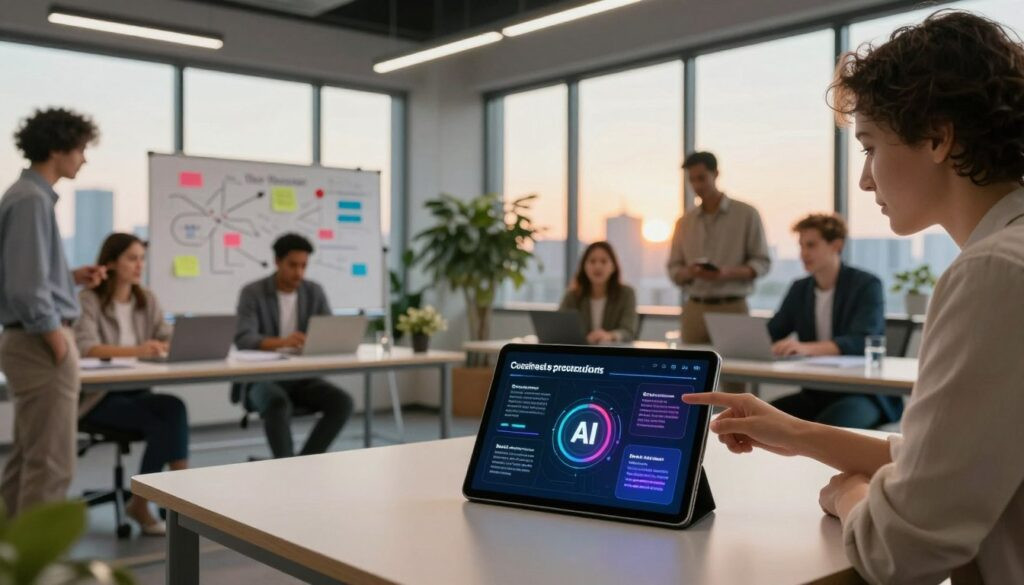A sleek and modern workspace illuminated by soft, diffused lighting. In the foreground, a professional-looking tablet displays an interactive digital curriculum with colorful infographics outlining relevant AI topics for business practitioners. Next to it, a diverse group of professionals dressed in smart casual attire collaborates enthusiastically, pointing at the tablet. In the middle ground, a contemporary whiteboard filled with notes and diagrams showcases innovative AI concepts, surrounded by plants that add a refreshing touch. The background features large windows with a panoramic view of a city skyline during sunset, bathing the room in warm light. The atmosphere is dynamic and inspiring, reflecting collaboration and education in the context of AI solutions.