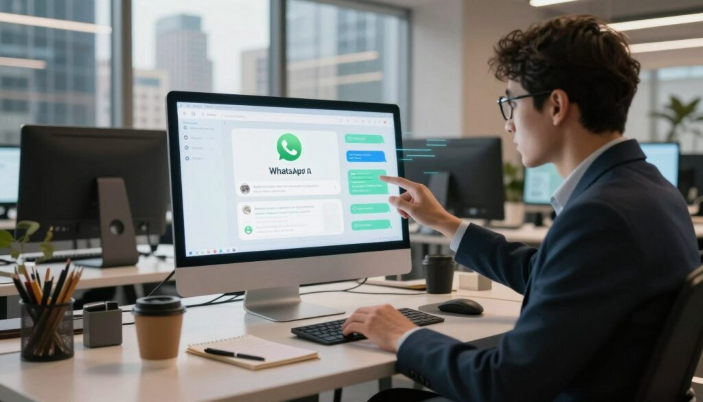 A sleek, futuristic workspace featuring a custom WhatsApp AI chatbot on a high-resolution computer screen. In the foreground, a professional businessperson in smart casual attire interacts with a holographic interface displaying chatbot features and conversation flows. The middle ground showcases a desk cluttered with digital devices, notepads, and coffee cups, highlighting a tech-savvy atmosphere. In the background, large windows reveal a bustling cityscape with skyscrapers, adding depth and context. Dynamic lighting illuminates the scene with a warm glow, creating an inviting yet innovative ambiance. The image should capture the essence of modern business automation, blending technology and professionalism without any text or watermarks.