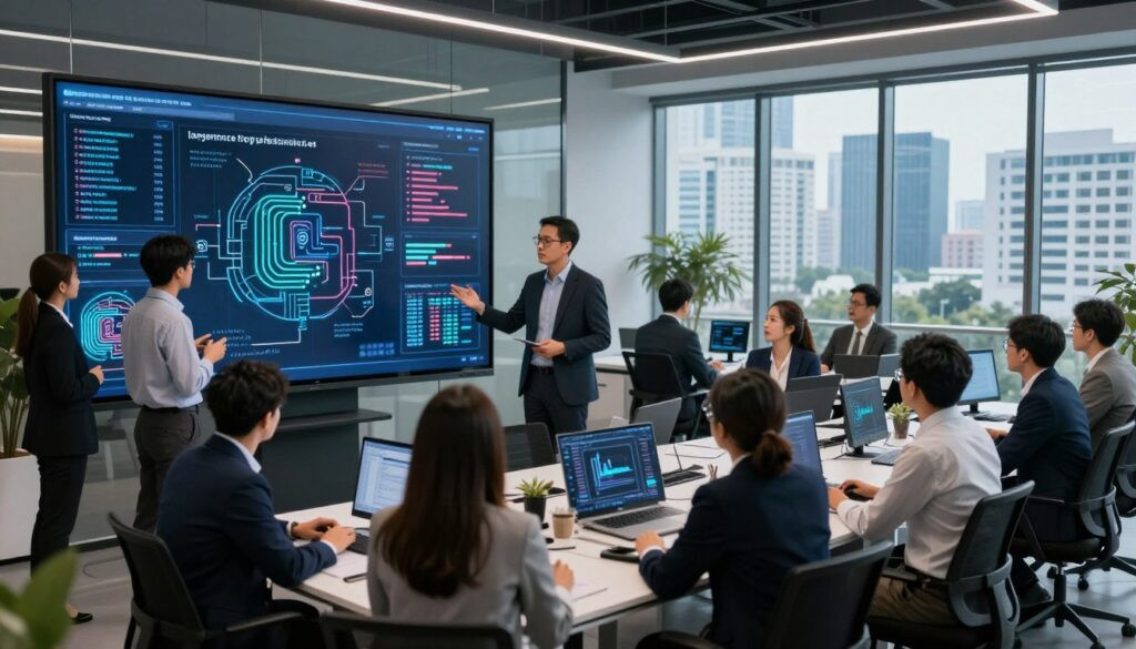 A sleek, modern office space bustling with activity, showcasing professionals engaged in various AI applications. In the foreground, a diverse group of businesspeople in professional attire collaborates around a large digital screen displaying complex machine learning algorithms and data visuals. In the middle ground, a consultant explains a sophisticated expert system to an attentive audience. The background features large windows with city views of Tangerang Selatan, illuminated by dynamic lighting that highlights the innovative atmosphere. The scene is captured with a wide-angle lens to create a cinematic effect, evoking a mood of technological advancement and collaboration in the realm of artificial intelligence.