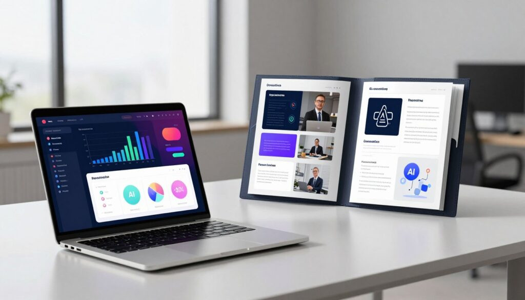 A sleek, professional portfolio displaying a variety of visually engaging projects related to AI consulting and automation. In the foreground, a modern, open laptop shows a colorful digital dashboard with graphs and analytics. To the right, an elegant, well-organized folder with diverse project samples, including screenshots and diagrams illustrating successful AI implementations. In the background, a minimalist office setting with large windows allowing soft, natural light to illuminate the space, creating an inviting atmosphere. The mood is focused and sophisticated, ideal for a professional consulting environment. Ensure all elements are well-composed, showcasing expertise in modern technology and innovation without any text or branding.