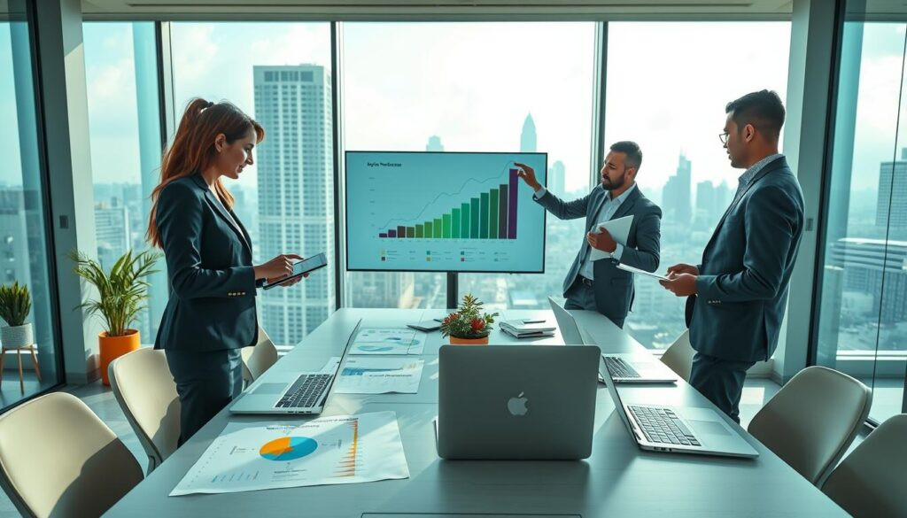 A vibrant and dynamic scene showcasing a diverse team of professionals engaged in a strategic partnership meeting in a well-lit modern office space. The foreground features three individuals in professional business attire: a woman analyzing data on a tablet, a man presenting a graph on a large screen, and another team member taking notes. In the middle ground, a conference table is covered with laptops, charts, and business intelligence infographics, emphasizing collaboration and brainstorming. The background displays a panoramic view of Jakarta’s skyline through large windows, allowing natural light to flood the room, creating an inspiring and energetic atmosphere. The mood is professional yet innovative, highlighting teamwork and cutting-edge technology in the realm of AI and business intelligence.