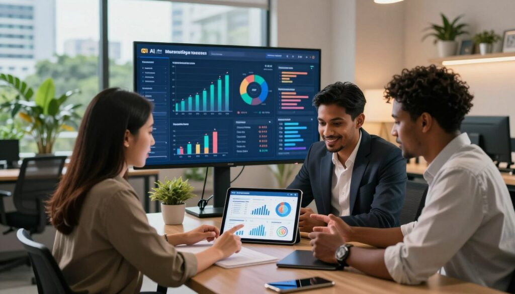 A vibrant and dynamic workspace scene showcasing various marketing success tools powered by AI, set within a modern Indonesian small business office. In the foreground, a diverse group of three professionals—an Asian woman and two men (one of Middle-Eastern descent and the other of Black descent)—are engaged in a discussion around a sleek digital tablet displaying infographics and marketing statistics. The middle ground features a large screen showcasing AI-driven analytics graphs and a marketing dashboard. Soft, ambient lighting illuminates the room, casting a warm glow over contemporary furniture and green plants, contributing to an optimistic atmosphere. In the background, a large window reveals a cityscape with lush greenery, symbolizing growth and success, enhancing the mood of innovation and positivity within the business environment.