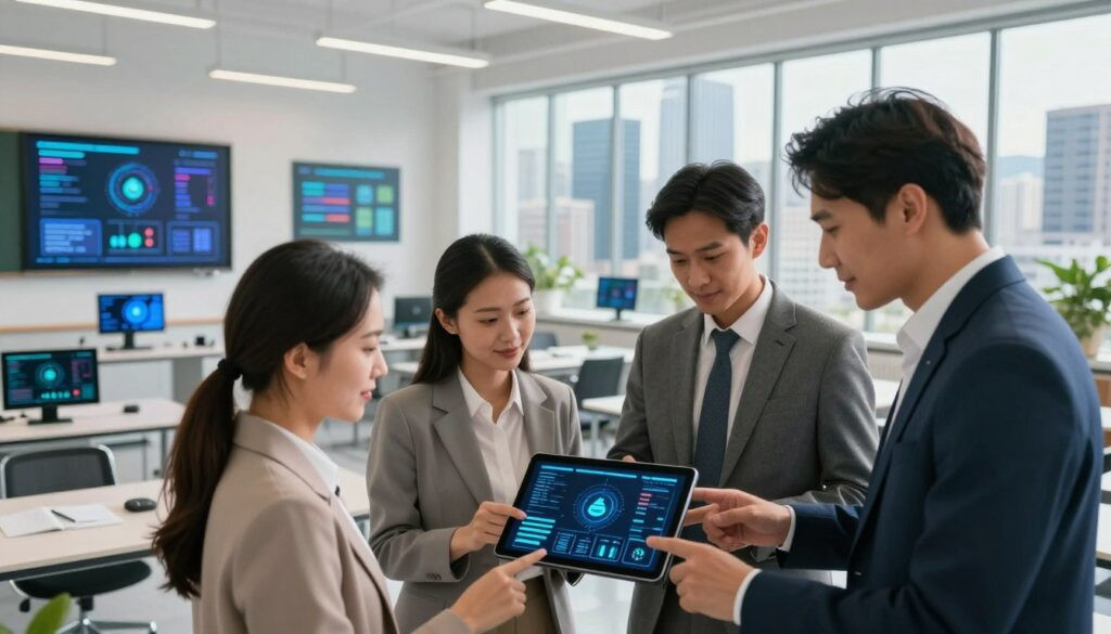 A vibrant and engaging image depicting the concept of educational needs in the context of AI integration. In the foreground, a diverse group of four professionals (two men and two women) in business attire are gathered around a digital tablet, analyzing data visualizations related to education. The middle layer features a modern classroom setup with advanced technology, including interactive screens and AI-powered learning tools. In the background, a cityscape representing innovation and progress, with elements like skyscrapers and digital billboards. Soft, natural lighting fills the scene, creating an optimistic and collaborative atmosphere. The angle should give a dynamic view, capturing the interaction between technology and people while emphasizing the importance of AI in education.