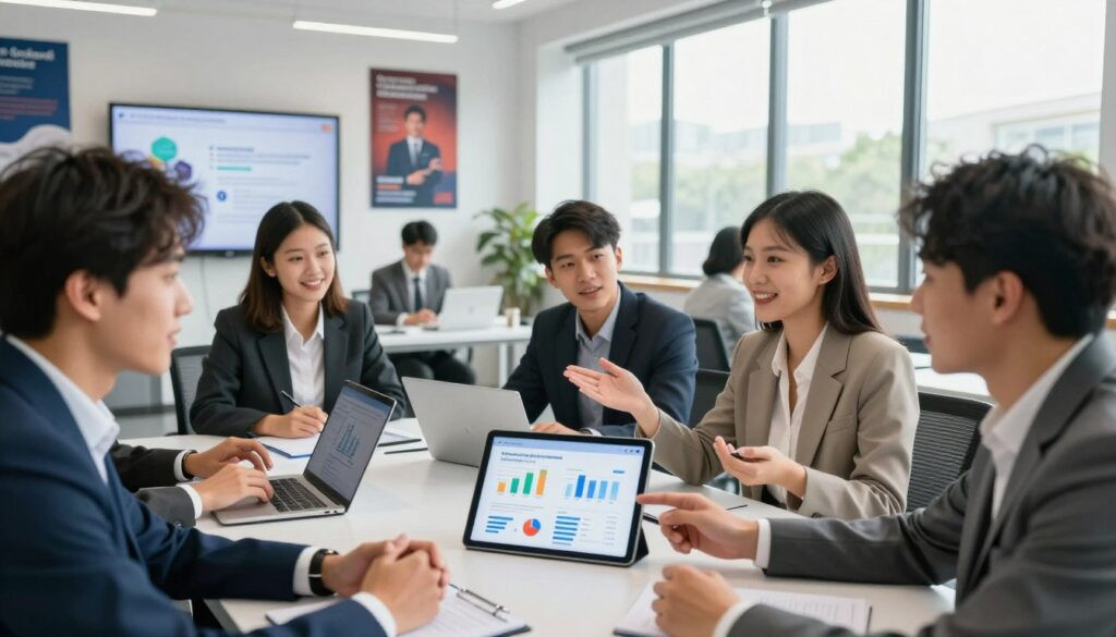 A vibrant and engaging scene illustrating the career growth benefits of Gemini Academy Indonesia. Foreground features a diverse group of young professionals in smart business attire, animatedly discussing their career goals, with a digital tablet showcasing infographics and statistics about successful career advancements. In the middle ground, a modern training room filled with technology, including laptops and interaction screens, emphasizes a collaborative learning environment. The background displays inspirational posters related to career growth, framed by large windows letting in dynamic, natural light. The mood is optimistic and forward-looking, capturing the essence of growth and opportunity. The composition is sharp and clear, rendered in 4k resolution, with a bright and professional atmosphere.