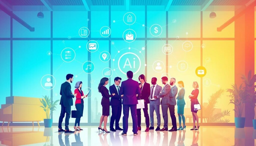 A visually engaging infographic-style illustration depicting the application of AI across various business functions. In the foreground, a group of diverse business professionals in smart attire are collaborating around a digital interface displaying graphs and AI-driven analytics. The middle layer features interconnected icons symbolizing different business functions, such as finance, marketing, and operations, interconnected by digital lines. The background showcases a modern office setting with large windows letting in bright, natural light, creating a dynamic atmosphere. The overall color palette is vibrant and professional, emphasizing innovation and collaboration. The mood conveys excitement and forward-thinking, focusing on how AI enhances business strategies.