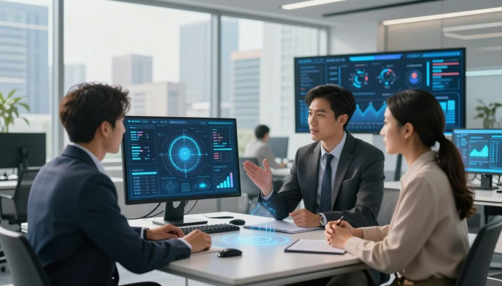 A visually striking illustration of an AI agent automating business processes, showcasing a sleek, futuristic office environment. In the foreground, a diverse group of three professionals dressed in smart business attire, engaged in a lively discussion around a digital interface displaying various automation metrics and AI insights. The middle ground features high-tech screens with graphs and data analytics, symbolizing AI integration in business automation. In the background, large windows reveal a bustling cityscape under bright daylight, evoking a sense of innovation and progress. Use a wide-angle lens to capture the scene, with soft, natural lighting to create a warm, collaborative atmosphere that reflects the excitement of AI advancements in the business sector. A visually striking illustration of an AI agent automating business processes, showcasing a sleek, futuristic office environment. In the foreground, a diverse group of three professionals dressed in smart business attire, engaged in a lively discussion around a digital interface displaying various automation metrics and AI insights. The middle ground features high-tech screens with graphs and data analytics, symbolizing AI integration in business automation. In the background, large windows reveal a bustling cityscape under bright daylight, evoking a sense of innovation and progress. Use a wide-angle lens to capture the scene, with soft, natural lighting to create a warm, collaborative atmosphere that reflects the excitement of AI advancements in the business sector.