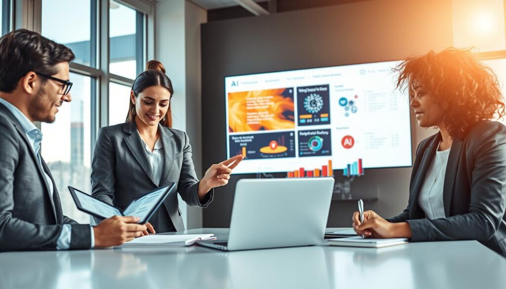 An AI consultant strategy meeting unfolds in a modern conference room, with diverse professionals engaged in discussion. In the foreground, a female consultant in a sleek business suit points at a digital tablet, displaying infographics related to digital transformation strategies. Beside her, a male consultant with glasses analyzes data on a laptop, while another team member, a woman with curly hair dressed in smart-casual attire, jots notes on a notepad. In the middle ground, a large screen shows a vibrant presentation of AI-driven solutions and graphs illustrating workflow enhancements. The background features large windows with natural light streaming in, creating a bright and collaborative atmosphere. The lighting is warm and inviting, capturing the essence of teamwork and innovation, shot from an eye-level angle to emphasize engagement. An AI consultant strategy meeting unfolds in a modern conference room, with diverse professionals engaged in discussion. In the foreground, a female consultant in a sleek business suit points at a digital tablet, displaying infographics related to digital transformation strategies. Beside her, a male consultant with glasses analyzes data on a laptop, while another team member, a woman with curly hair dressed in smart-casual attire, jots notes on a notepad. In the middle ground, a large screen shows a vibrant presentation of AI-driven solutions and graphs illustrating workflow enhancements. The background features large windows with natural light streaming in, creating a bright and collaborative atmosphere. The lighting is warm and inviting, capturing the essence of teamwork and innovation, shot from an eye-level angle to emphasize engagement.