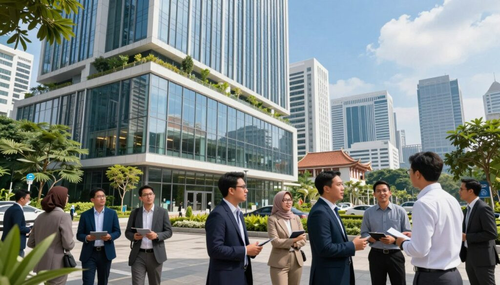 An urban landscape showcasing Tangerang Selatan, Indonesia, bustling with modernity and innovation. In the foreground, a diverse group of professionals, men and women, dressed in business attire, engage in animated discussions, exchanging ideas about artificial intelligence and local business solutions. The middle ground features a sleek modern office building with large glass windows reflecting the vibrant city life, adorned with lush greenery and trees. In the background, the skyline showcases a blend of contemporary architecture and traditional Indonesian elements, under a bright blue sky. The scene is illuminated by dynamic, natural lighting, capturing a sense of urgency and innovation, emphasizing a professional yet collaborative atmosphere. The angle is slightly elevated to provide a comprehensive view of this thriving business district.