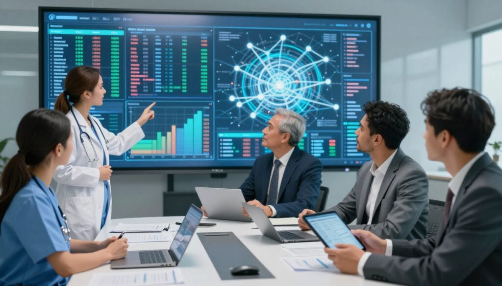 A conceptual representation of healthcare data integration challenges, featuring a diverse group of healthcare professionals in modern business attire, collaborating around a large digital screen displaying complex graphs and charts. In the foreground, a female doctor points at a chaotic mix of data streams, while a male nurse examines patient records on a tablet. The middle ground reveals a conference table cluttered with medical documents and digital devices, symbolizing the struggle for efficiency. In the background, an abstract depiction of interconnected networks and fragmented data highlights the integration issues. The scene is illuminated by soft, natural lighting, creating a professional yet dynamic atmosphere, suggesting both challenge and the potential for innovative solutions in healthcare data management.