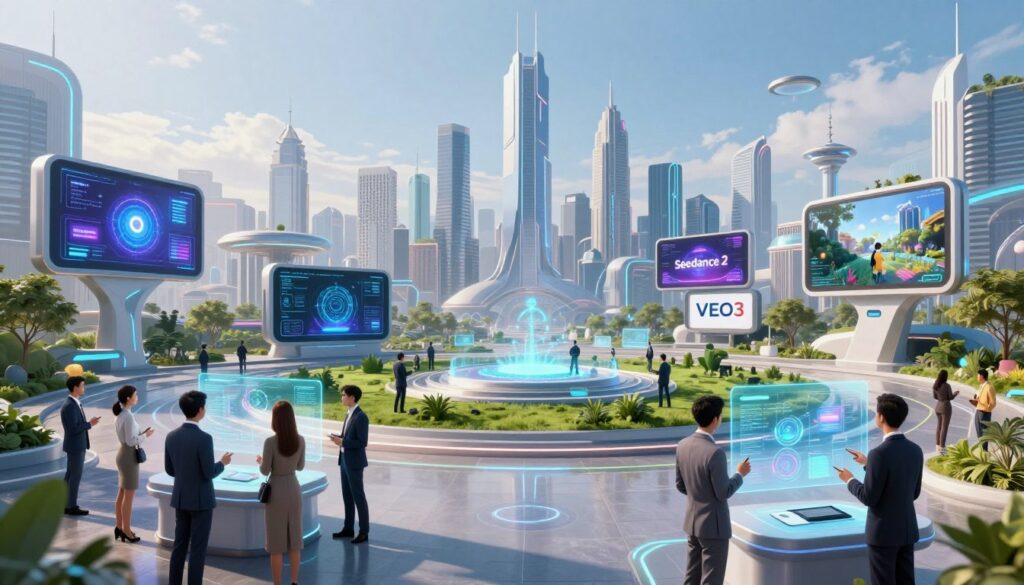 A detailed and futuristic landscape depicting the AI video generation landscape, featuring a vibrant city skyline filled with advanced technology and digital billboards showcasing various AI tools. In the foreground, diverse professionals in smart business attire are engaged in discussions, examining holographic charts and data visuals projecting video generation workflows. The middle ground includes sleek digital displays and interactive screens illustrating the workings of platforms like Seedance 2 and VEO3, surrounded by green spaces symbolizing innovation and growth. The background features soaring skyscrapers with futuristic designs under a bright, clear sky, casting dynamic shadows across the scene. The overall atmosphere is one of excitement and creativity, emphasizing a collaborative, high-tech environment. Soft, ambient lighting enhances the ethereal quality of the technology, while a wide-angle lens captures the breadth of this interconnected landscape. A detailed and futuristic landscape depicting the AI video generation landscape, featuring a vibrant city skyline filled with advanced technology and digital billboards showcasing various AI tools. In the foreground, diverse professionals in smart business attire are engaged in discussions, examining holographic charts and data visuals projecting video generation workflows. The middle ground includes sleek digital displays and interactive screens illustrating the workings of platforms like Seedance 2 and VEO3, surrounded by green spaces symbolizing innovation and growth. The background features soaring skyscrapers with futuristic designs under a bright, clear sky, casting dynamic shadows across the scene. The overall atmosphere is one of excitement and creativity, emphasizing a collaborative, high-tech environment. Soft, ambient lighting enhances the ethereal quality of the technology, while a wide-angle lens captures the breadth of this interconnected landscape.