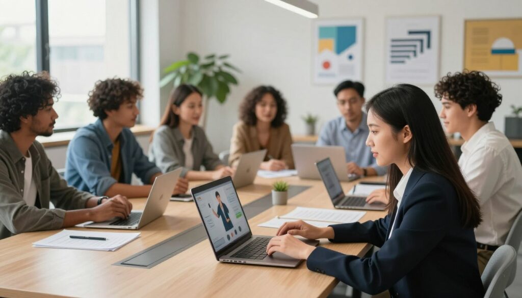 A diverse group of professionals engaged in a collaborative learning environment, symbolizing essential skills development for a future-ready workforce. In the foreground, a focused woman of Asian descent in business attire is participating in a virtual training session on a laptop. In the middle, a group of men and women from various ethnic backgrounds discuss ideas around a modern conference table, with digital devices and training materials scattered about. The background features a bright, airy office space with large windows letting in natural light, showcasing green plants and motivational wall art. The overall atmosphere is energetic and inspiring, emphasizing teamwork and innovation in skill development. Use a warm color palette with soft lighting to create a professional yet inviting mood.