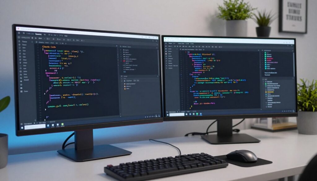 A dynamic and visually compelling scene depicting a side-by-side comparison of code editor screens showing 