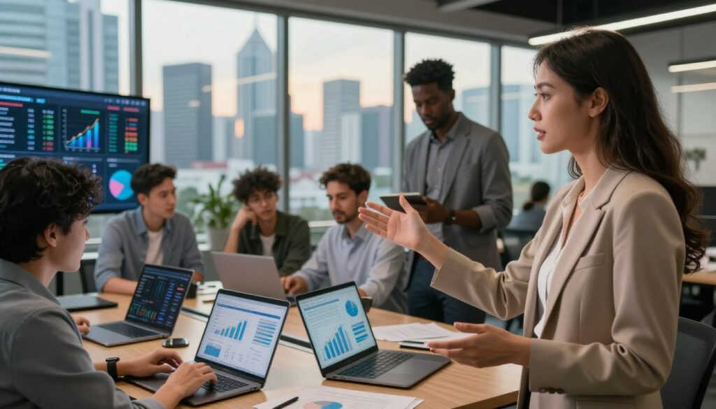 A dynamic business scene showcasing a diverse group of professionals strategically discussing AI-driven strategies to boost revenue and growth. In the foreground, a focused female executive, dressed in professional attire, gestures towards a digital display showing data analytics and trends. In the middle ground, a diverse team collaborates, analyzing graphs and charts on laptops in a modern office environment with a warm, inviting atmosphere. The background features a large window revealing a vibrant Jakarta skyline, illuminated by soft, natural lighting that conveys a sense of optimism and innovation. The mood should be inspiring and forward-looking, emphasizing teamwork and the power of technology in business growth.