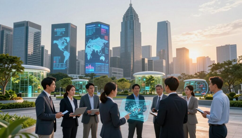 A dynamic city skyline at dawn, showcasing modern skyscrapers with digital displays representing global technology investments. In the foreground, a diverse group of professionals in business attire are engaged in discussion, analyzing digital maps and holographic displays of data on investment trends. The middle ground features green tech plants and innovation hubs symbolizing progress and sustainability. The background includes a clear sky with soft sunlight illuminating the scene, creating a hopeful and vibrant atmosphere. The focus should be on the interplay of technology and human collaboration, with the lens angle capturing the group's enthusiasm. Use soft light to enhance the uplifting mood, emphasizing a blend of nature and advanced technology in a progressive urban setting. A dynamic city skyline at dawn, showcasing modern skyscrapers with digital displays representing global technology investments. In the foreground, a diverse group of professionals in business attire are engaged in discussion, analyzing digital maps and holographic displays of data on investment trends. The middle ground features green tech plants and innovation hubs symbolizing progress and sustainability. The background includes a clear sky with soft sunlight illuminating the scene, creating a hopeful and vibrant atmosphere. The focus should be on the interplay of technology and human collaboration, with the lens angle capturing the group's enthusiasm. Use soft light to enhance the uplifting mood, emphasizing a blend of nature and advanced technology in a progressive urban setting.