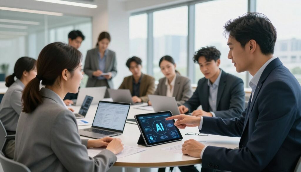 A dynamic scene depicting a diverse group of professionals in a modern workshop setting, showcasing an atmosphere of collaboration and learning. In the foreground, two individuals engaging in a lively discussion, both dressed in professional business attire, one pointing to a digital tablet displaying AI concepts. The middle ground features a circular table with more participants brainstorming together, surrounded by laptops and AI-related materials, emphasizing teamwork and knowledge sharing. The background includes a bright, open space with floor-to-ceiling windows that allow natural light to flood in, illuminating the energetic atmosphere. Soft, warm lighting enhances the feeling of inspiration and growth, while a slightly blurred view of a city skyline outside adds a sense of forward-thinking and opportunity. The overall mood exudes professionalism, enthusiasm, and potential for personal growth.